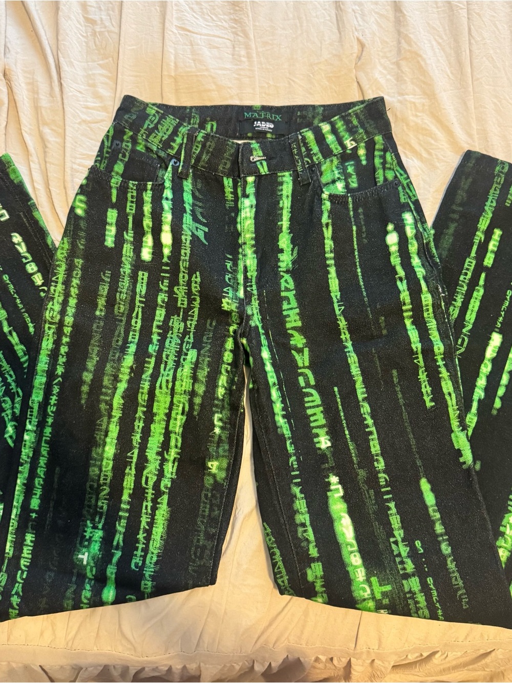 Jaded London Black Jeans with Neon Green Matrix Print